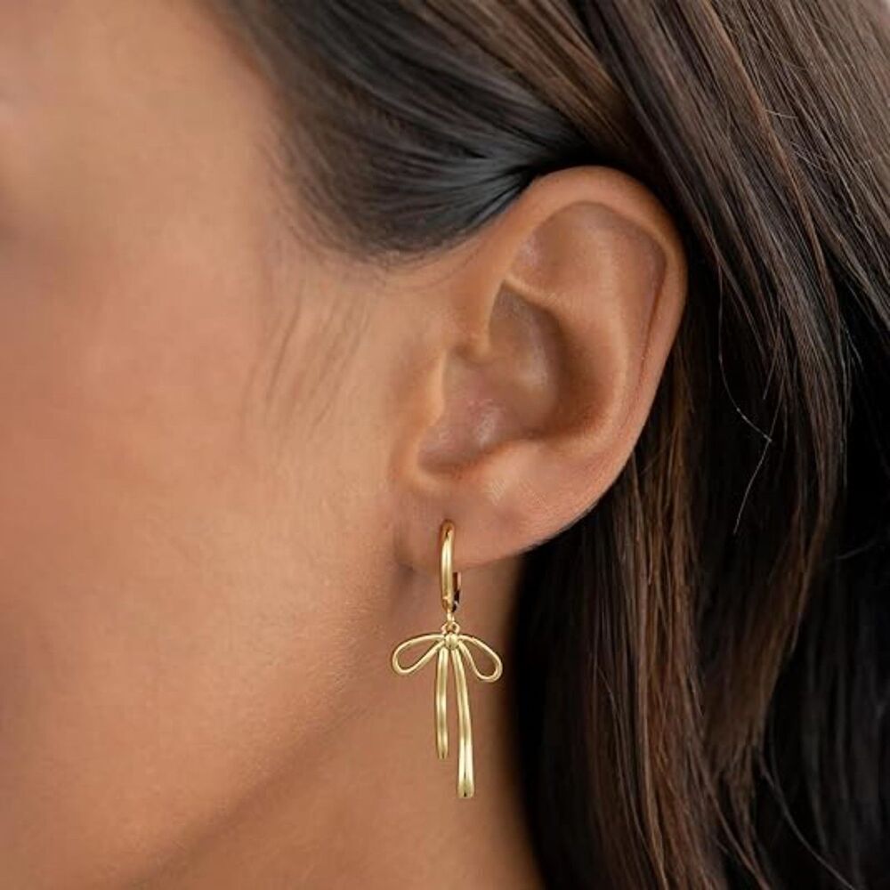 CZ Pearl Drop Gold Bow Earrings For Women Jewelry Huggie Hoop Stud Earrings - Picture 2 of 5